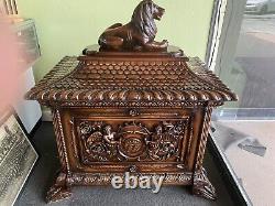 Mahogany Carved Cellarette ca. 1888 Hidden Compartment Lion / Sarcophagus Shape