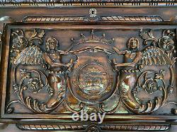 Mahogany Carved Cellarette ca. 1888 Hidden Compartment Lion / Sarcophagus Shape