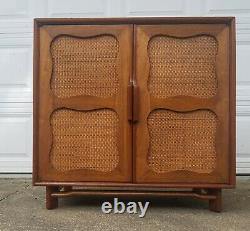 Mid-Century Modern Mahogany Chest of Drawers Hickory Furniture Rattan Doors