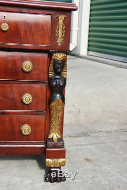 Neoclassical Egyptian Revival Flame Mahogany Chest Dresser with Paw Feet Ca. 1840