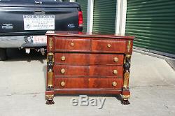 Neoclassical Egyptian Revival Flame Mahogany Chest Dresser with Paw Feet Ca. 1840