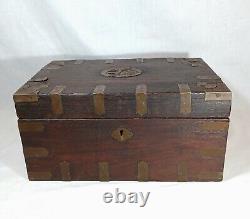 Old Antique Indian Mughal/Rajasthani Mahogany Wood Brass Writing Campaign Chest