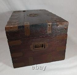 Old Antique Indian Mughal/Rajasthani Mahogany Wood Brass Writing Campaign Chest