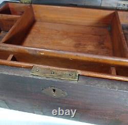 Old Antique Indian Mughal/Rajasthani Mahogany Wood Brass Writing Campaign Chest