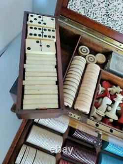 Rare Antique Mahogany Gaming Chest Beautiful Playing Pieces Poker Chess Dominoes