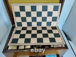 Rare Antique Mahogany Gaming Chest Beautiful Playing Pieces Poker Chess Dominoes