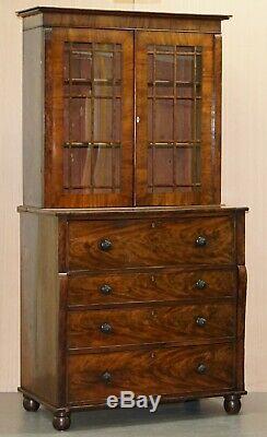 Rare Victorian Flamed Mahogany Library Bookcase Secretaire Desk Chest Of Drawers