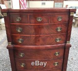 Reduced Price -OUTSTANDING 1940s CROTCH MAHOGANY HIGH CHEST ON CHEST OF DRAWERS