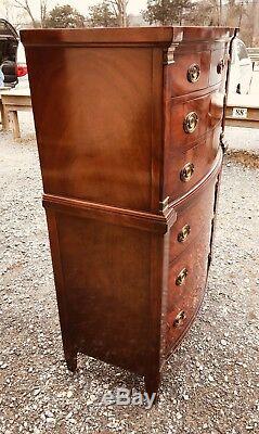 Reduced Price -OUTSTANDING 1940s CROTCH MAHOGANY HIGH CHEST ON CHEST OF DRAWERS