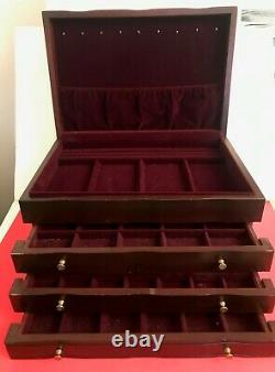 VTG LARGE REED & BARTON Eureka Mahogany Wood 3 Drawer Jewelry Box Chest