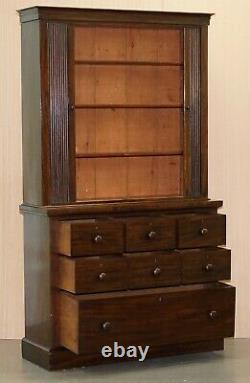 Very Rare Victorian Tambour Door Cupboard Bookcase On Bank Chest Of Drawers