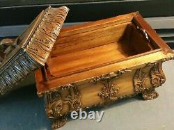 Victorian Antique Tea Caddy Hand Carved Solid Mahogany Wood Chest Trunk Replica