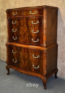 Vintage Carved French Style Six Drawer Mahogany Tall Chest withFlame Grain Fronts