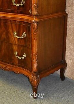 Vintage Carved French Style Six Drawer Mahogany Tall Chest withFlame Grain Fronts