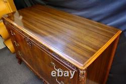 Vintage Flame Mahogany Carved 3-Drawer Chest of Drawers with Ribbon Cut Wood Top