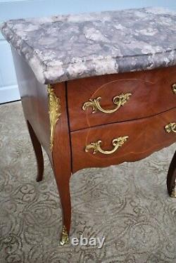 Vintage Inlaid Mahogany French Style Marble Top Bombe' Chest withBrass Ormolu