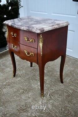 Vintage Inlaid Mahogany French Style Marble Top Bombe' Chest withBrass Ormolu
