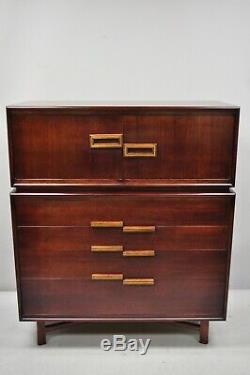 Vintage Mid Century Modern Art Deco Mahogany Tall Chest Dresser with Brass Inlay