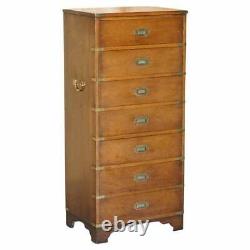 Vintage Military Campaign Tallboy Chest Of Drawers In Light Mahogany Brass Trim