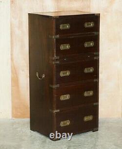 Vintage Military Campaign Tallboy Chest Of Drawers With Green Leather Slip Shelf
