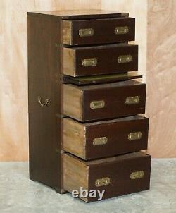 Vintage Military Campaign Tallboy Chest Of Drawers With Green Leather Slip Shelf