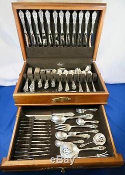 Vintage Rosepoint by Wallace Sterling 102 Piece Silverware Set with Mahogany Chest