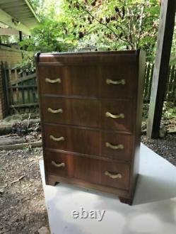 Vintage l 30s Art Deco Waterfall Wood Chest Dovetailed Drawers Dresser Storage
